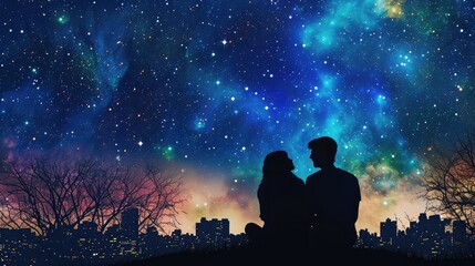 Fototapeta na wymiar silhouette of a couple sitting on top of a hill looking at the stars over the city