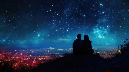 silhouette of a couple sitting on top of a hill looking at the stars over the city - obrazy, fototapety, plakaty