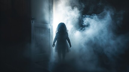 silhouette of a little girl emerges from a luminous room with smoke in the dark. The concept of children's fears and mysticism.