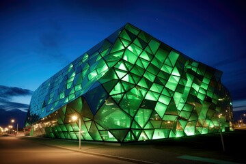Abstract Geometric Building with Green Illumination at Night