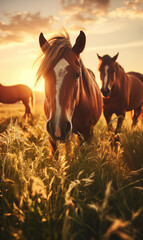 Low angle image of horses in a beautiful field at sunrise
