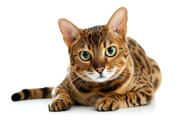 Leopard coloured cat on white background. Leopard cat