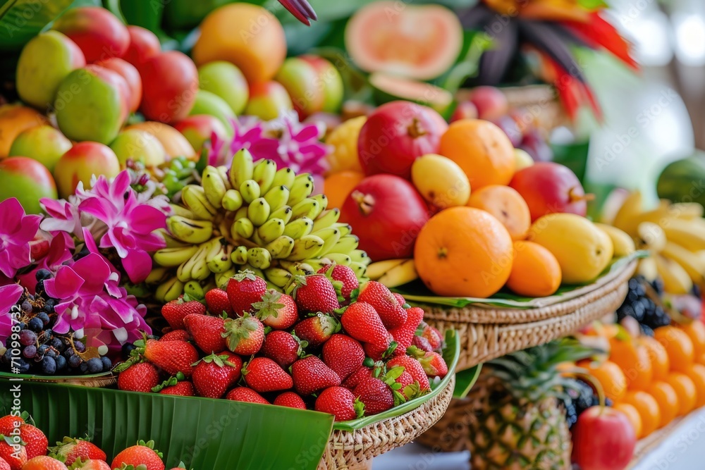 Poster A table filled with baskets of various types of fruit. Perfect for showcasing the abundance of fresh and colorful fruits. Ideal for food-related projects