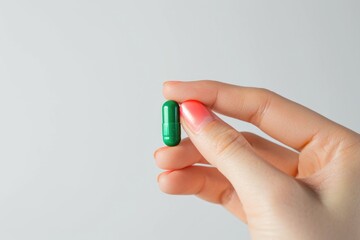 A person holding a green pill in their hand. Suitable for medical and healthcare concepts