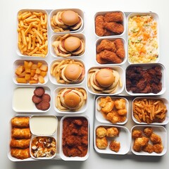 A variety of fast food items are arranged in a grid pattern.