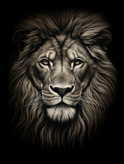 Fototapeta premium T-shirt design, a realistic graphite pencil sketch of a lion's head, in the style of hyperrealism, intricate detailing of the lion's fur and expressive eyes created with Generative Ai