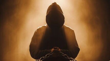 Silhouette of handcuffed male in hoodie, dangerous criminal punished by law - obrazy, fototapety, plakaty