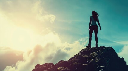 Silhouette of mental and physically strong woman standing on a mountain top. People, power, and strength concept. - Powered by Adobe