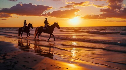 silhouette of people riding horses on the beach at sunset - Powered by Adobe
