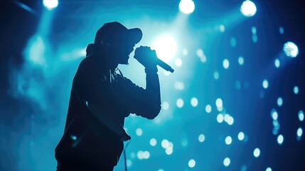 Silhouette of rap singer performing on stage. Bright blue background with hip hop artist performing on concert in night club - obrazy, fototapety, plakaty