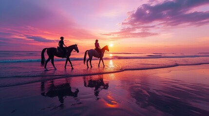 silhouette of people riding horses on the beach at sunset - obrazy, fototapety, plakaty