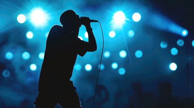 Silhouette of rap singer performing on stage. Bright blue background with hip hop artist performing on concert in night club
