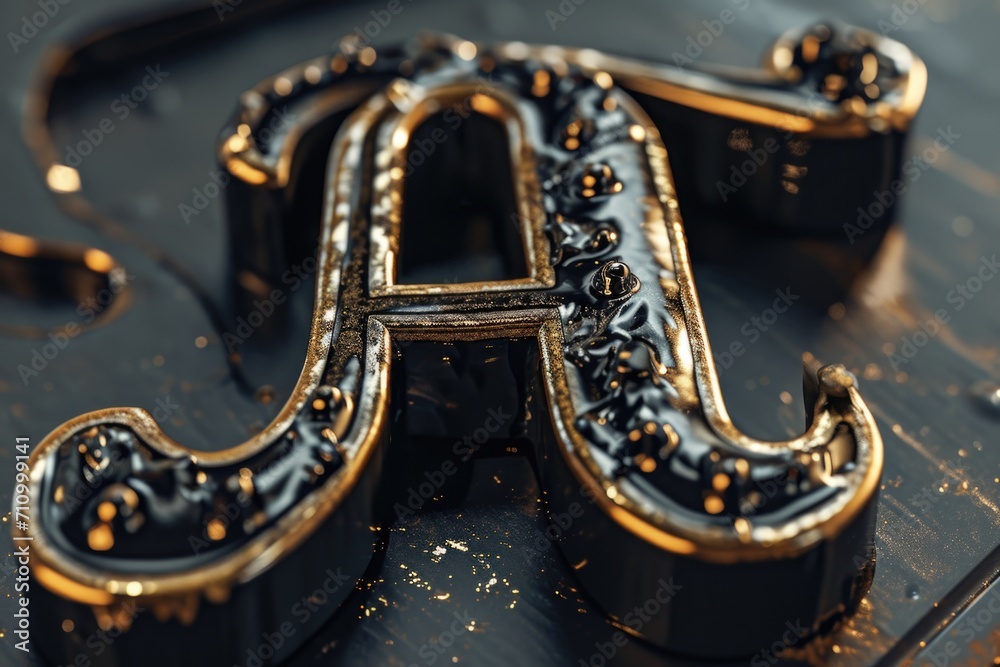 Poster a close-up view of a metal letter placed on a table. this image can be used for various purposes