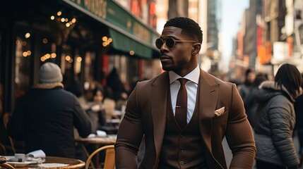 A well-dressed man in a brown suit and sunglasses is sitting at a cafe table outdoors in a busy city street.