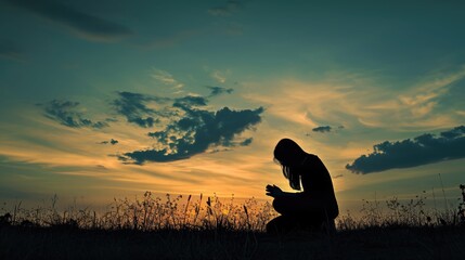 Silhouette of woman kneeling down praying for worship God at sky background. Christians pray to jesus christ for calmness. In morning people got to a quiet place and prayed. copy space