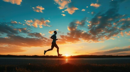 Silhouette of young man running sprinting on road. Fit runner fitness runner during outdoor workout with sunset background