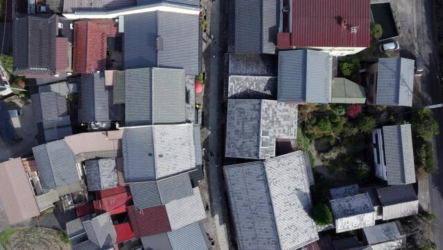 Top down aerial view of restored houses in Magome, aka Magome-juku, Japan. Magome is a former post town on the Nakasendo trail, a major route that connected Tokyo with Kyoto in the feudal ages.