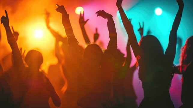 Silhouette of young people with raised flutes having fun and clubbing