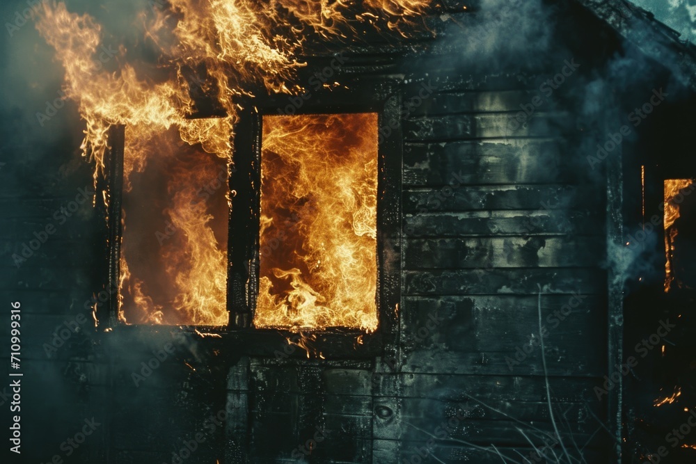 Poster a picture of a house engulfed in flames with smoke billowing out of the window. can be used to depic