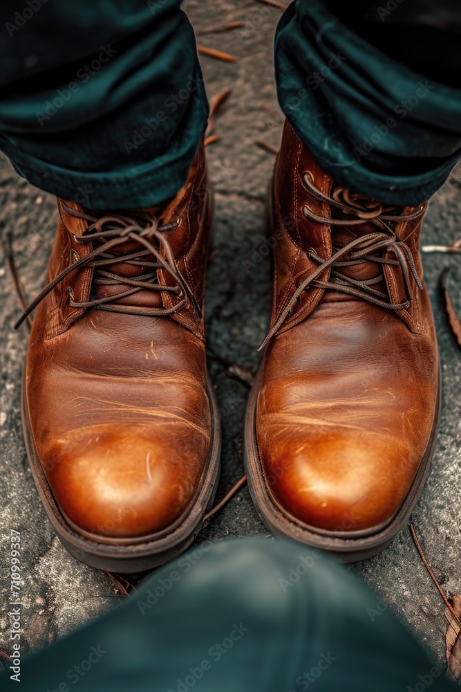 Poster A close-up view of a pair of brown shoes. Versatile and stylish footwear for various occasions