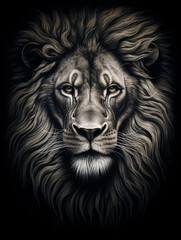 Naklejka premium T-shirt design, a realistic graphite pencil sketch of a lion's head, in the style of hyperrealism, intricate detailing of the lion's fur and expressive eyes created with Generative Ai