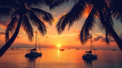 Silhouettes of palm trees with boats moored in the sea at dawn on background - obrazy, fototapety, plakaty