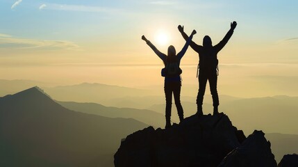 Silhouettes of two happy hikers in winner poses with raised arms are standing on mountain top