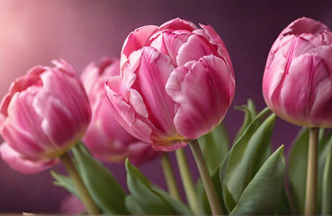 Fototapeta premium pink tulips in a garden, Pink tulip flowers with copy space, beautiful detailed , 8k photorealistic , soft natural light, Website, application, card template. Computer wallpaper. Design for landing