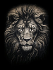 Obraz premium T-shirt design, a realistic graphite pencil sketch of a lion's head, in the style of hyperrealism, intricate detailing of the lion's fur and expressive eyes created with Generative Ai