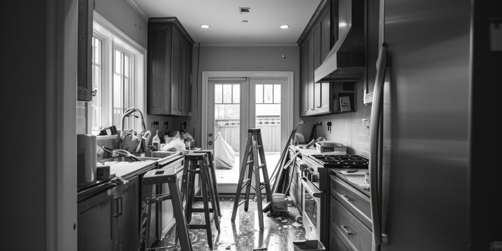A black and white photo showcasing the interior of a kitchen. This image can be used to depict modern kitchen designs or to represent the concept of minimalism in home decor