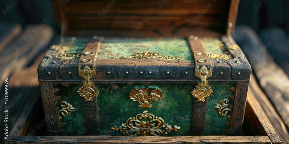 Poster a green and gold chest sitting on top of a wooden table. perfect for adding a touch of elegance and 