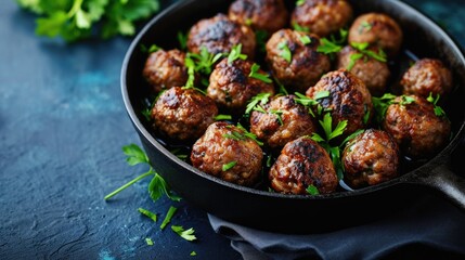 A pan filled with delicious meatballs covered in fresh parsley. Perfect for a hearty meal or as a tasty appetizer. - obrazy, fototapety, plakaty