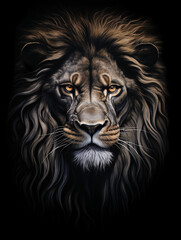 Fototapeta premium T-shirt design, a realistic graphite pencil sketch of a lion's head, in the style of hyperrealism, intricate detailing of the lion's fur and expressive eyes created with Generative Ai