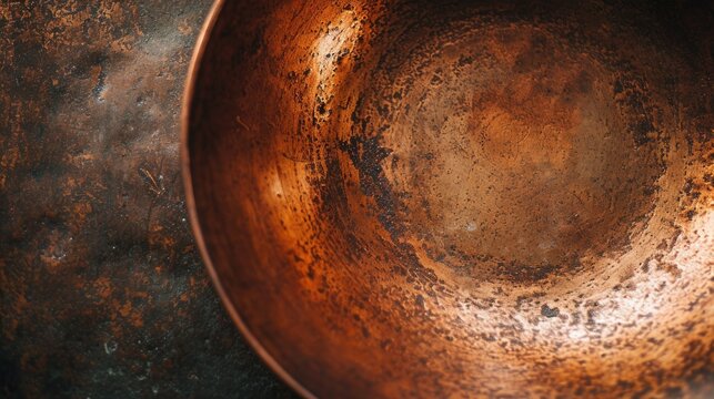 A large copper bowl sitting on top of a table. Suitable for kitchen or dining room decor