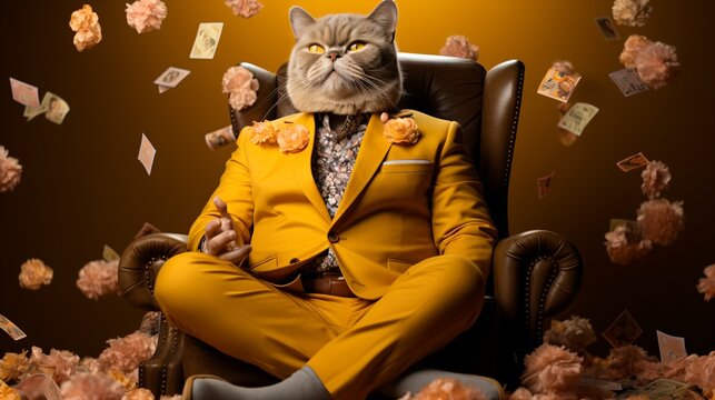 A rich cat wearing a yellow suit and floral shirt is sitting in a brown leather chair with money and flowers falling around him