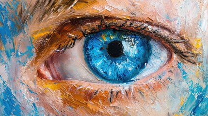 A detailed close-up of a painting depicting a blue eye. This artwork can be used for various purposes