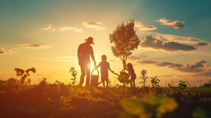 Happy family team planting tree in sun spring time. Farmer dad, mom child planting tree. Silhouette of family with tree at sunset. Family with shovel and watering can plants young trees sprout in soil - obrazy, fototapety, plakaty