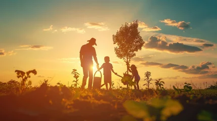 Poster Happy family team planting tree in sun spring time. Farmer dad, mom child planting tree. Silhouette of family with tree at sunset. Family with shovel and watering can plants young trees sprout in soil © buraratn
