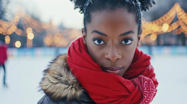 A woman wearing a red scarf and a scarf around her neck. This versatile image can be used for fashion, winter accessories, or cold weather concepts