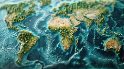A detailed close-up view of a map of the world. Perfect for educational materials or travel-related content