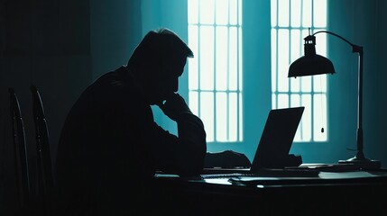 Medium silhouette shot of a detective, policeman sitting in the interrogation room, working on a laptop and studying the evidence. - obrazy, fototapety, plakaty