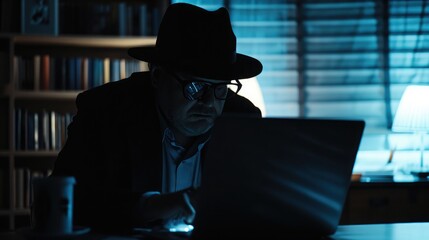 Medium silhouette shot of a detective, policeman sitting in the interrogation room, working on a laptop and studying the evidence. - obrazy, fototapety, plakaty