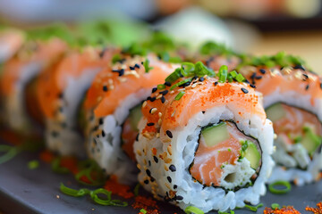 Sushi rolls, a Japanese culinary delight, showcase a delectable fusion of vinegared rice, fresh seafood or vegetables, and often creamy avocado, all meticulously rolled in seaweed - Powered by Adobe