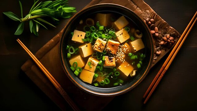 Bowl of miso soup with tofu and green onions on a wooden board with chopsticks top view.