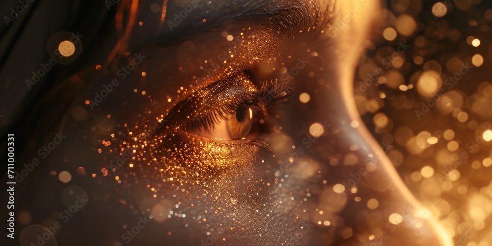 Poster a close-up view of a person with glitter applied to their eyes. this image is perfect for makeup tut