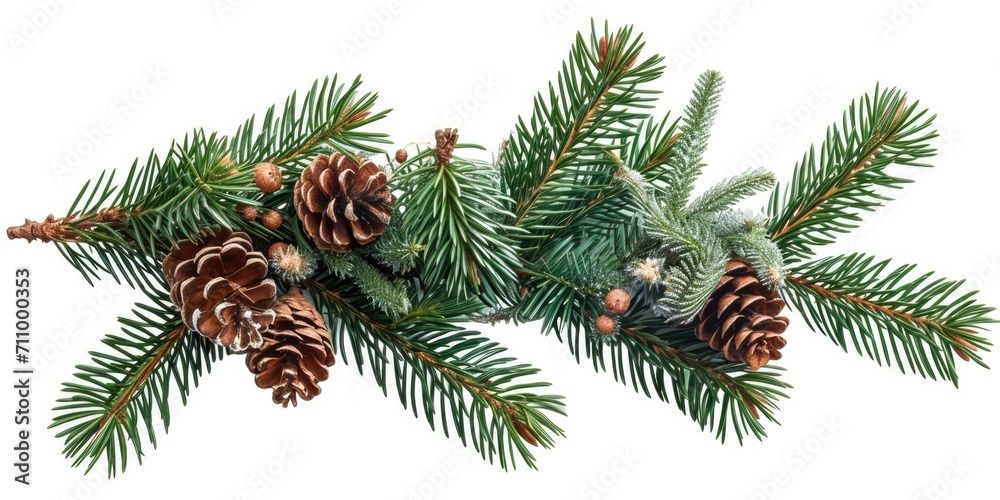 Poster a branch of a pine tree with cones on it. suitable for nature-themed designs and illustrations