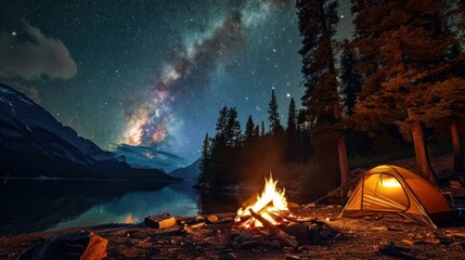 Camping under stars with bonfire and tent in Banff National Park - obrazy, fototapety, plakaty