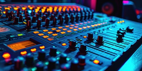 A detailed view of a sound board with multiple knobs. Ideal for illustrating audio mixing, recording, or sound engineering concepts