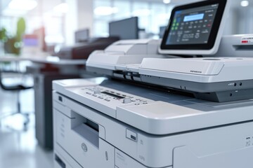 A white printer sitting on top of a desk. Suitable for office or home use
