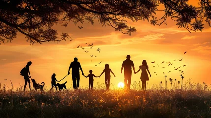 Foto op Aluminium people in the park. silhouette of a big happy family on a walk with a dog at sunset in a field in nature. happy family kid dream lifestyle concept. big friendly family walk at sunset in the park © buraratn